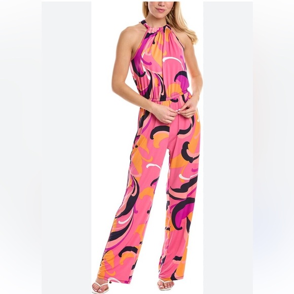 ✅TRINA TRINA TURK Pink Multi Juju Halter Printed Jumpsuit Sz medium - Picture 3 of 6